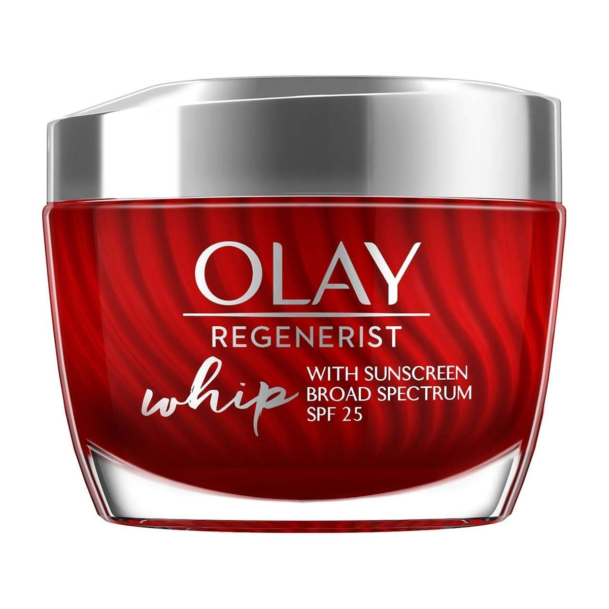Olay Regenerist Whip SPF25 jar front showing lightweight, breathable protection for daily use.