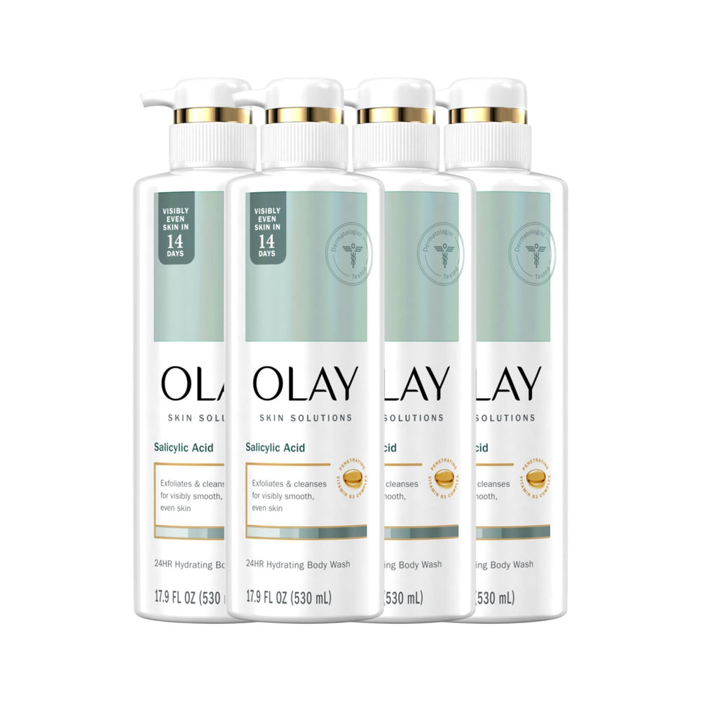 Olay Skin Solutions body wash bottle front highlights the brand and hydration promise.