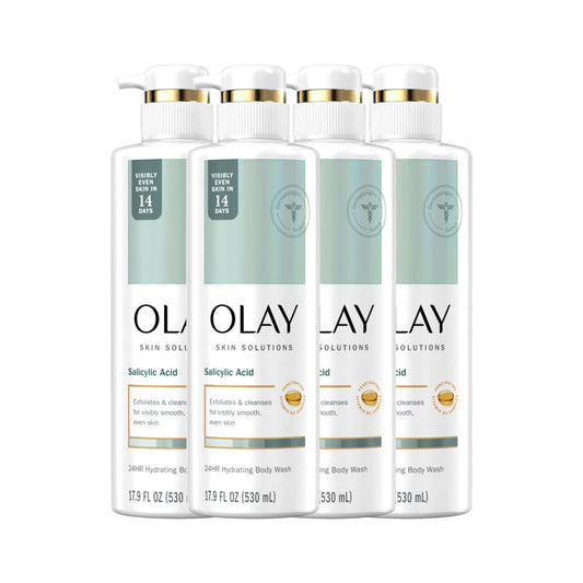 Olay Skin Solutions body wash bottle front highlights the brand and hydration promise.