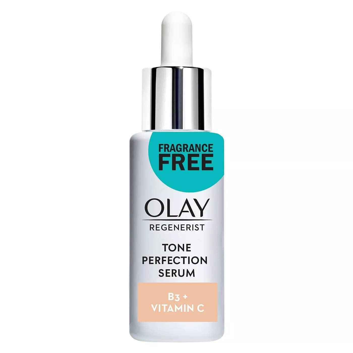 Olay Tone Perfection Serum bottle shows quick absorption and brighter skin.