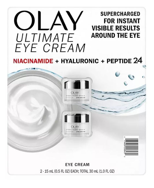 Olay Ultimate Eye Cream bottle close-up highlighting hydration for brighter under-eye skin.