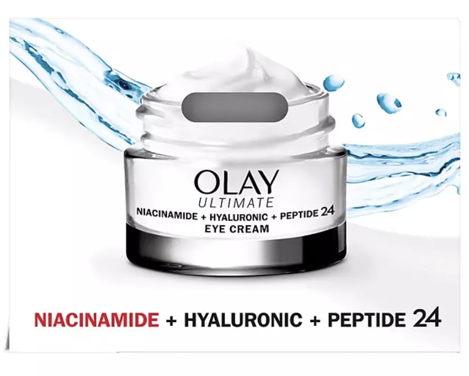 Olay Ultimate Eye Cream packaging on vanity promoting a nourished, awake look.