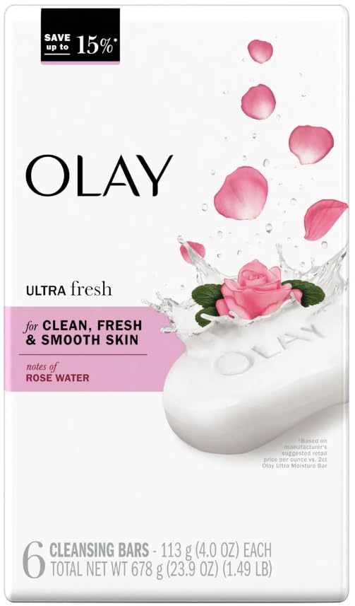 Olay Ultra Fresh Bath Bar six-pack with rosewater scent for clean, refreshed skin