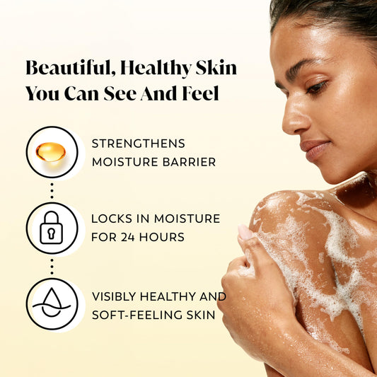 Olay Ultra Moisture bottle label showing Shea Butter and Vitamin B3 Complex for hydration.