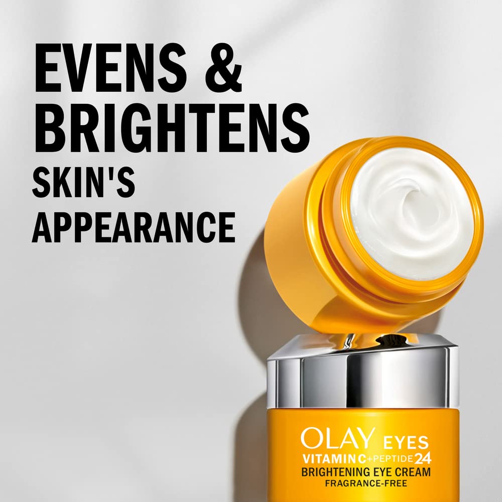 Olay Vitamin C + Peptide 24 Eye Cream closeup shows silky, fast-absorbing texture for quick mornings.