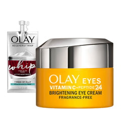 Olay Vitamin C + Peptide 24 Eye Cream tube provides fragrance-free hydration for delicate under-eye skin.