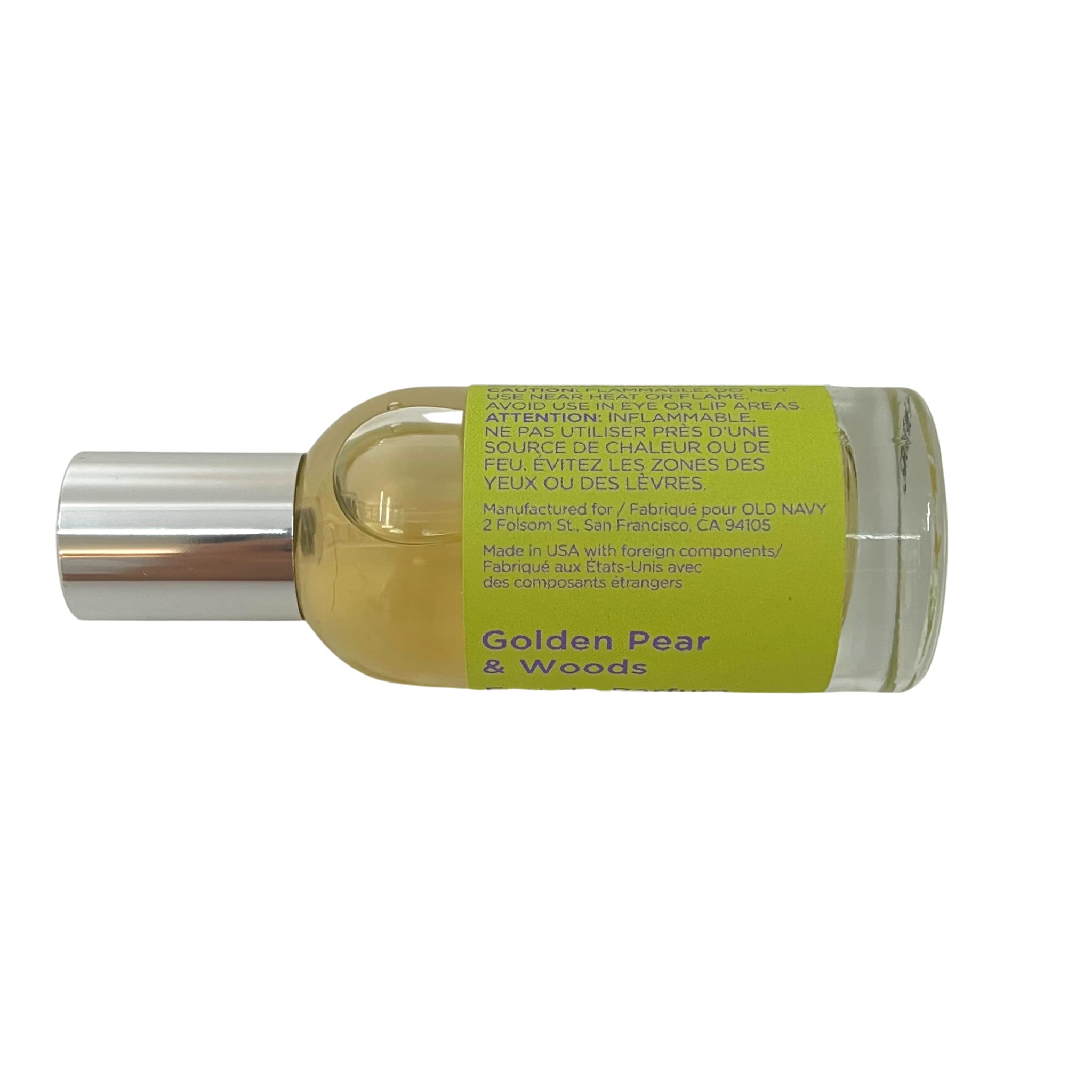Brand close-up of Old Navy Kindred Goods Golden Pear & Woods label, versatile daily scent.