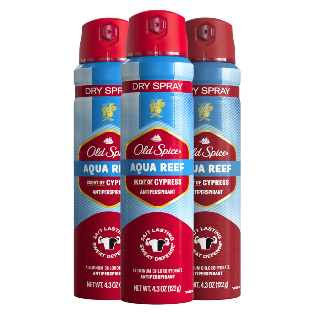 Old Spice Aqua Reef dry spray bottle hero showing long-lasting protection.