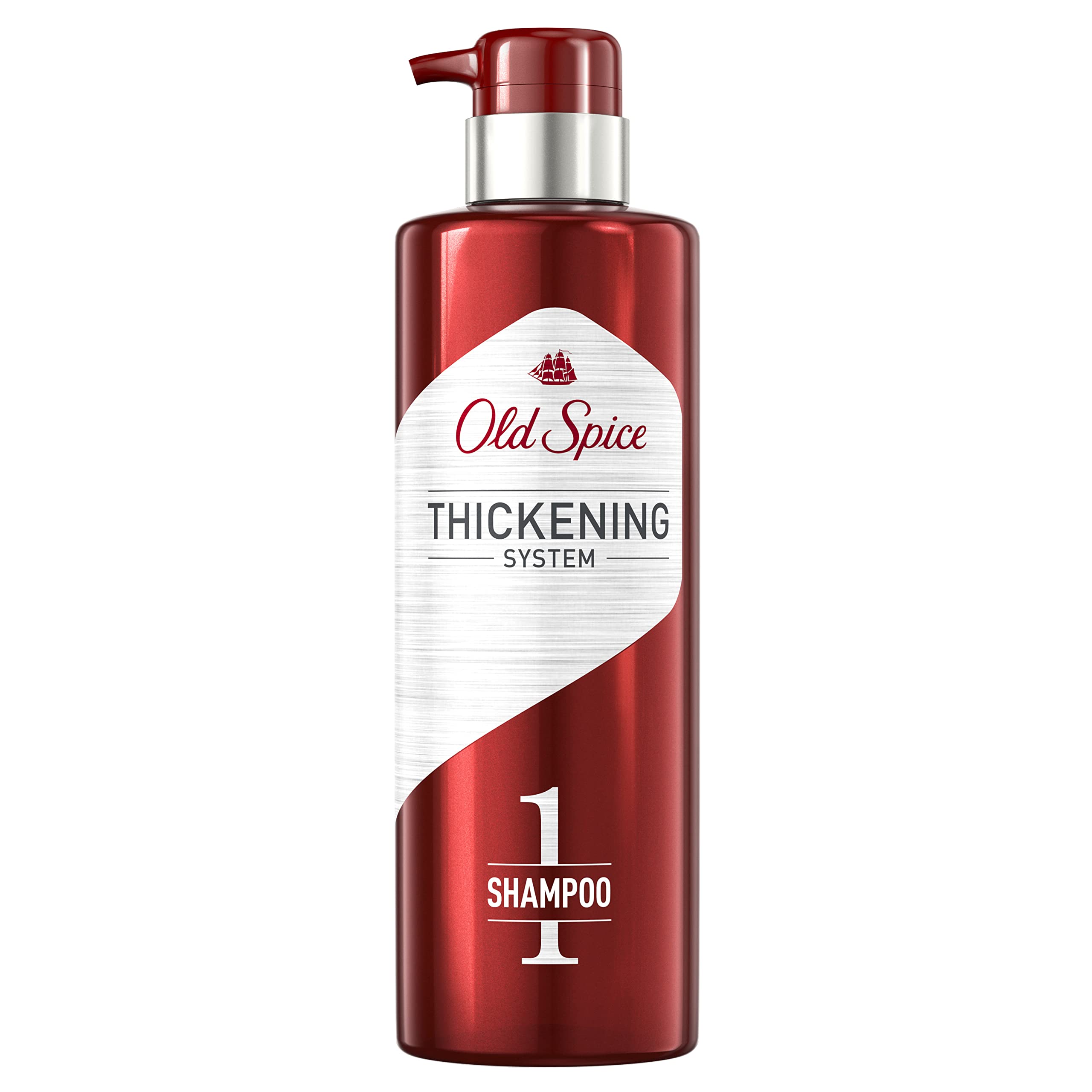 Old Spice Biotin Shampoo bottle close-up showing fuller-looking hair.