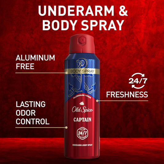 Old Spice Captain spray on skin, suggesting all-day fragrance with citrus notes.