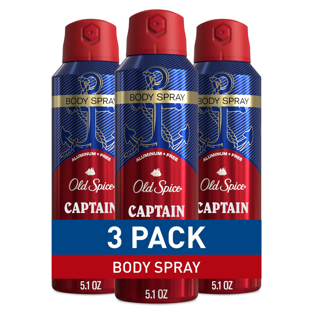 Old Spice Captain body spray bottle pour, signaling quick odor control and fresh scent.