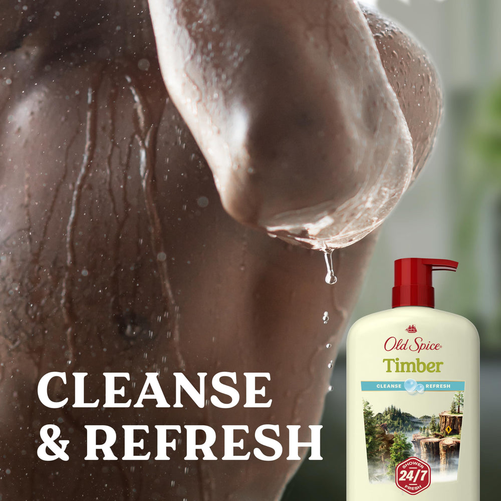 Old Spice Cleansing Body Wash Timber-Sandalwood-Cypress bottle captures masculine scent.