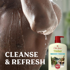 Old Spice Cleansing Body Wash Timber-Sandalwood-Cypress bottle captures masculine scent.