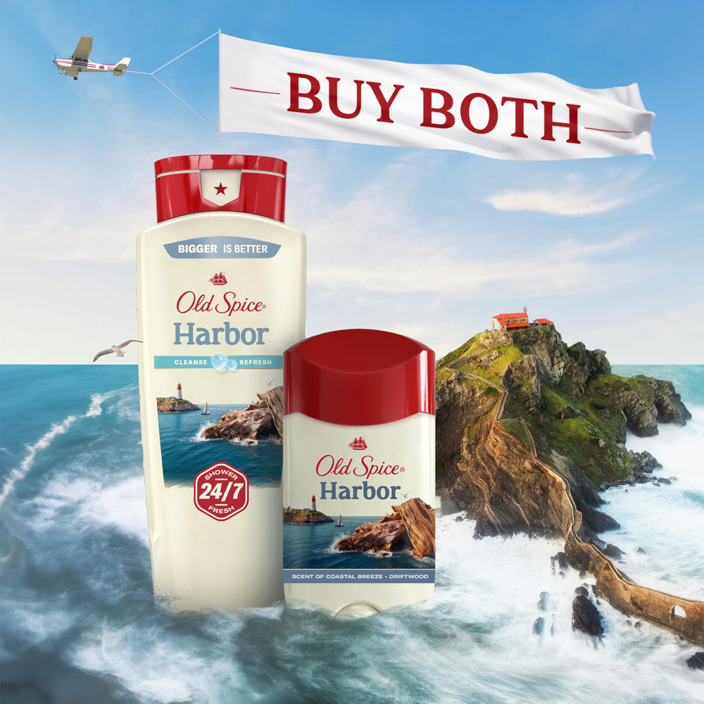 Old Spice Harbor scent evokes coastal harbor vibe with driftwood notes.