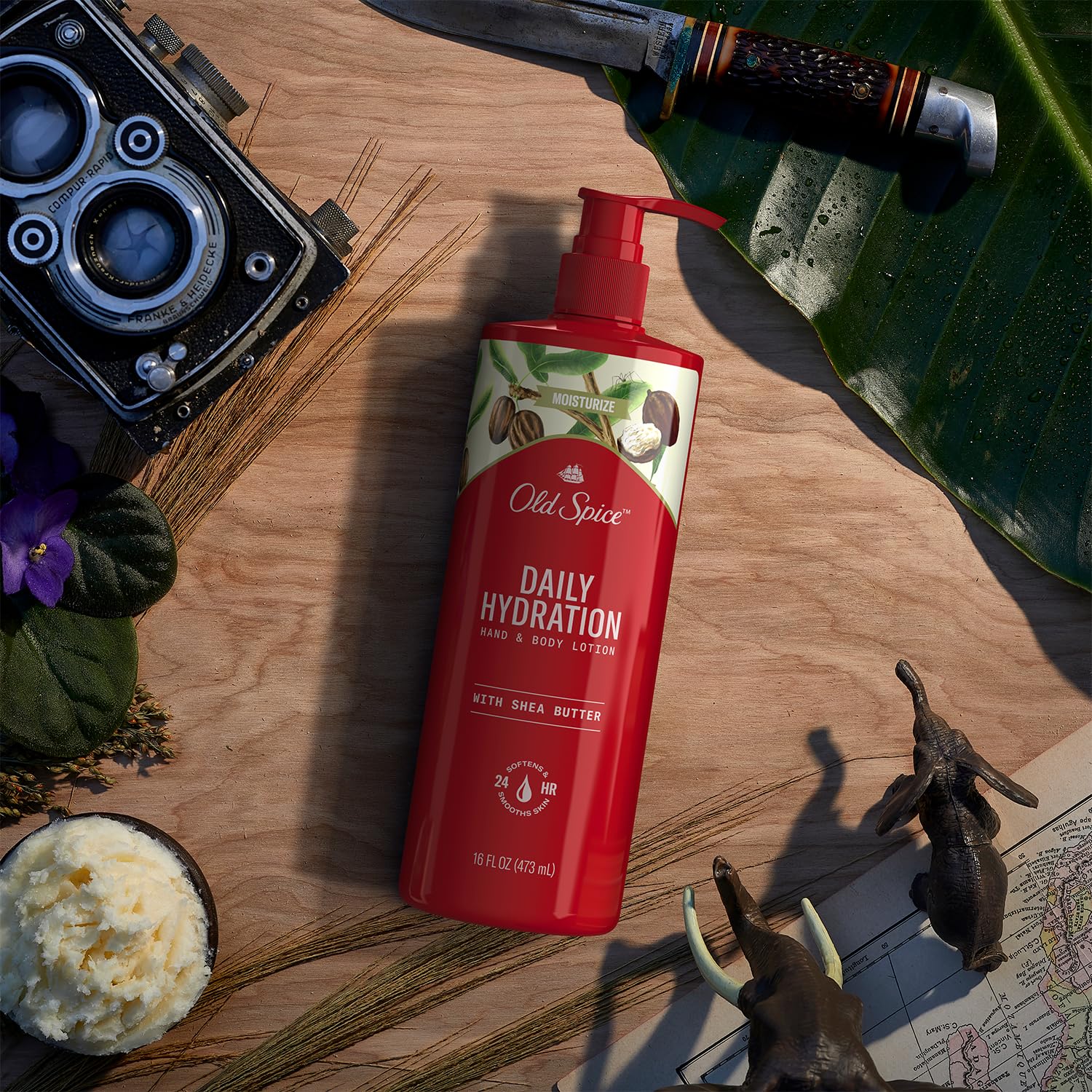 Old Spice Daily Hydration Lotion label suggests premium masculine skincare design.