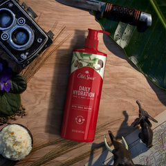 Old Spice Daily Hydration Lotion label suggests premium masculine skincare design.