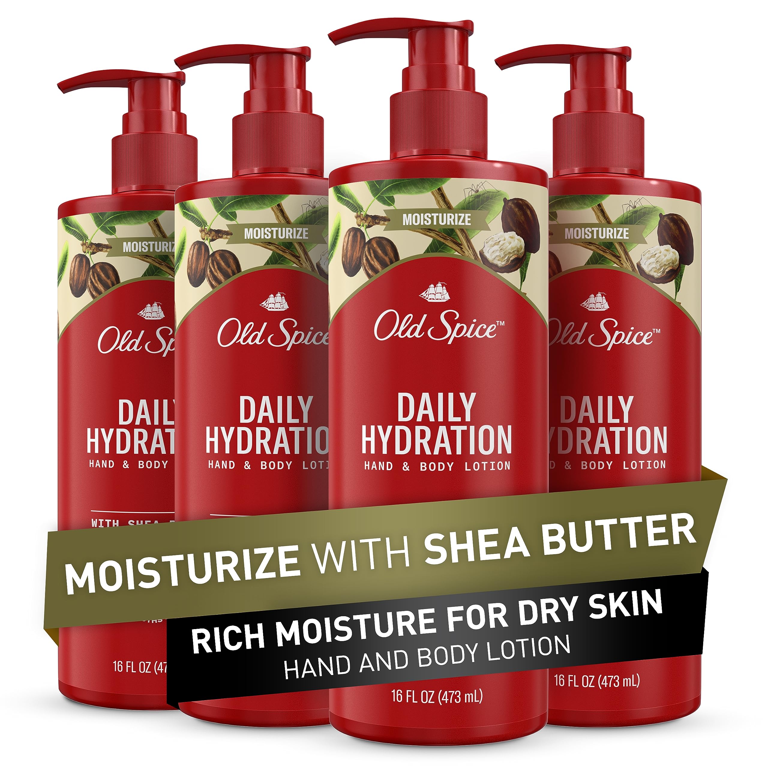 Old Spice Daily Hydration Lotion with Shea Butter on pump bottle for all-day moisture.