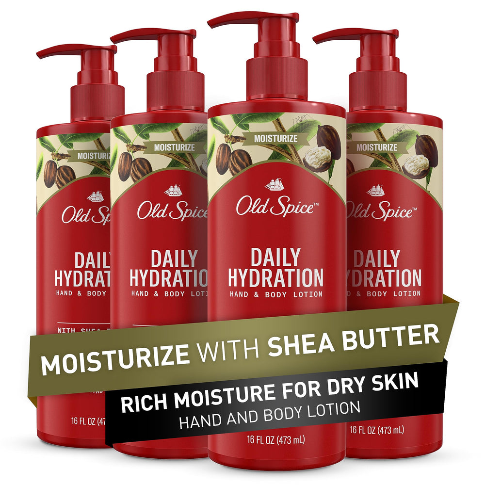 Old Spice Daily Hydration Lotion with Shea Butter on pump bottle for all-day moisture.