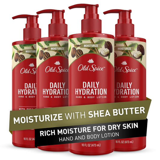 Old Spice Daily Hydration Lotion with Shea Butter on pump bottle for all-day moisture.