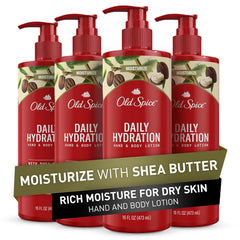 Old Spice Daily Hydration Lotion with Shea Butter on pump bottle for all-day moisture.