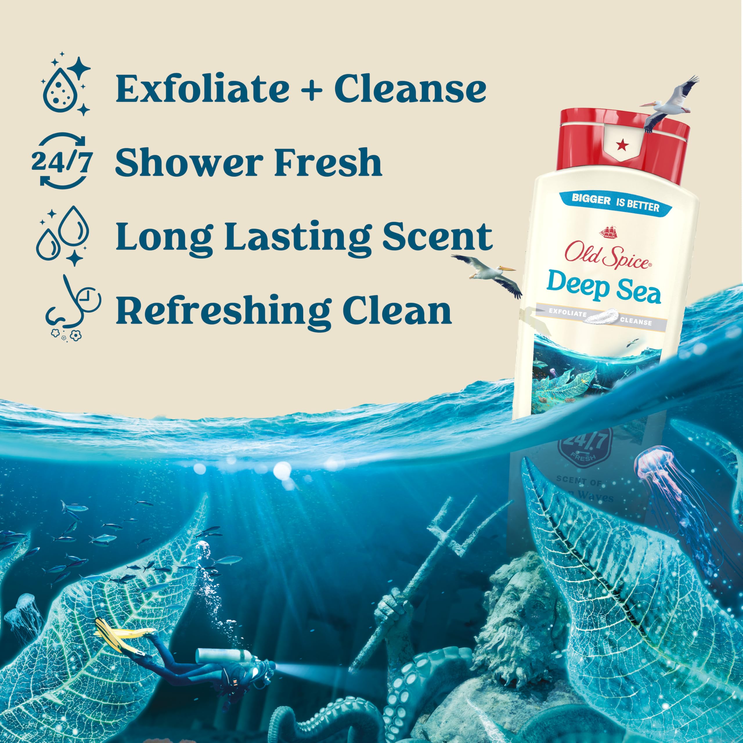 Old Spice Deep Sea Minerals foam delivering rich lather for quick cleanse.