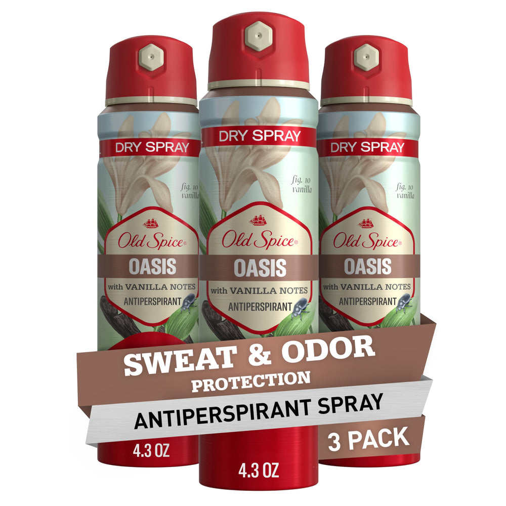 Old Spice Oasis vanilla argan bottle shows 24/7 sweat protection for daily wear.