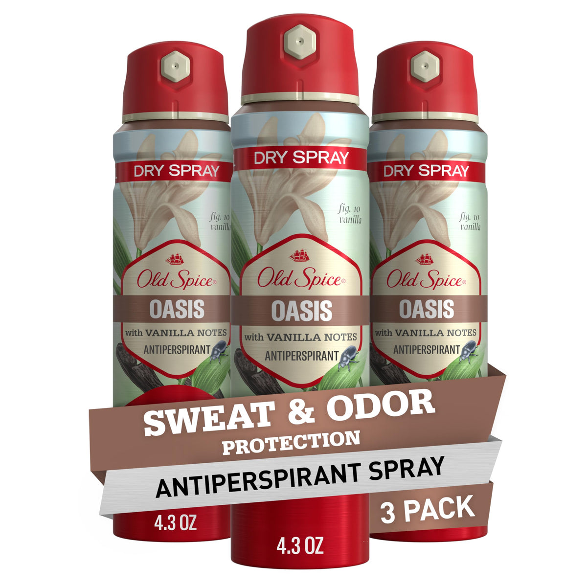 Old Spice Oasis vanilla argan bottle shows 24/7 sweat protection for daily wear.