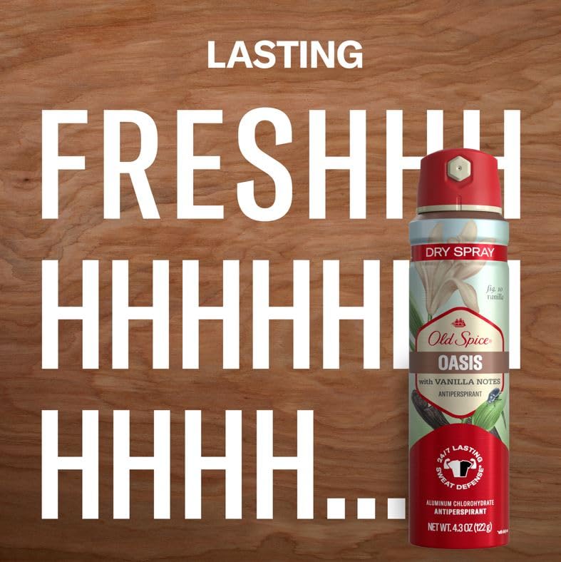 Closeup label on Old Spice Oasis vanilla argan bottle with premium packaging notes.