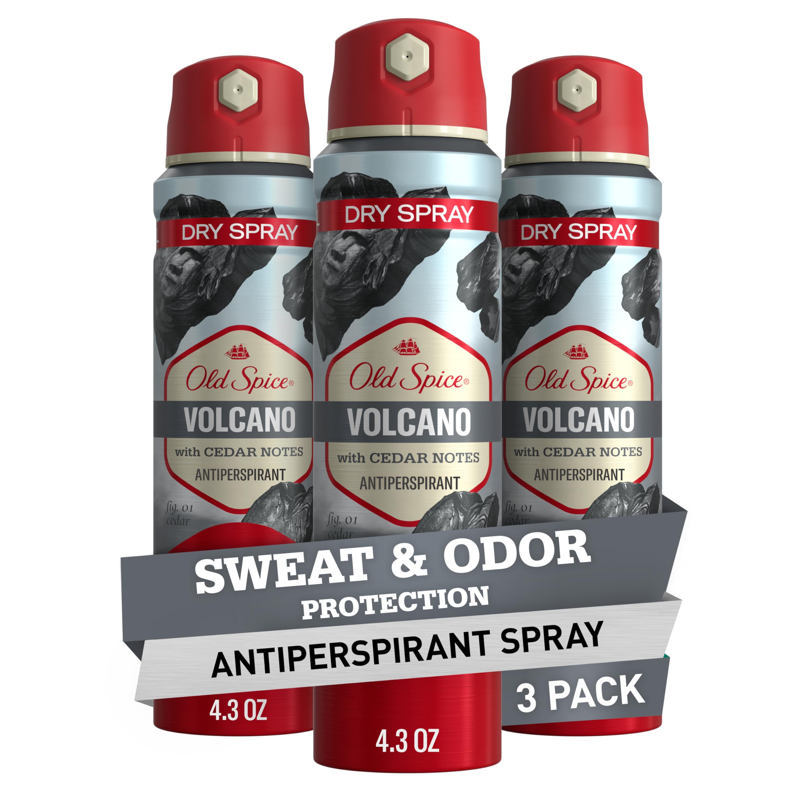 Old Spice Dry Spray Volcano with cedar and amber provides all-day freshness.