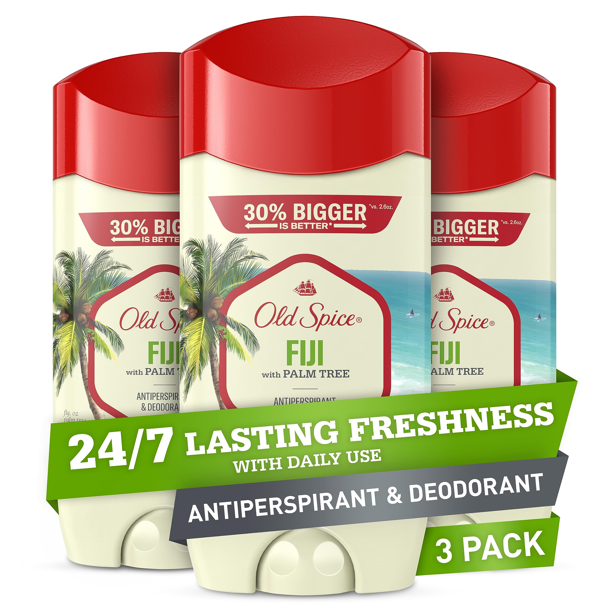 Old Spice Fiji stick front view with palm tree scent for all-day freshness.