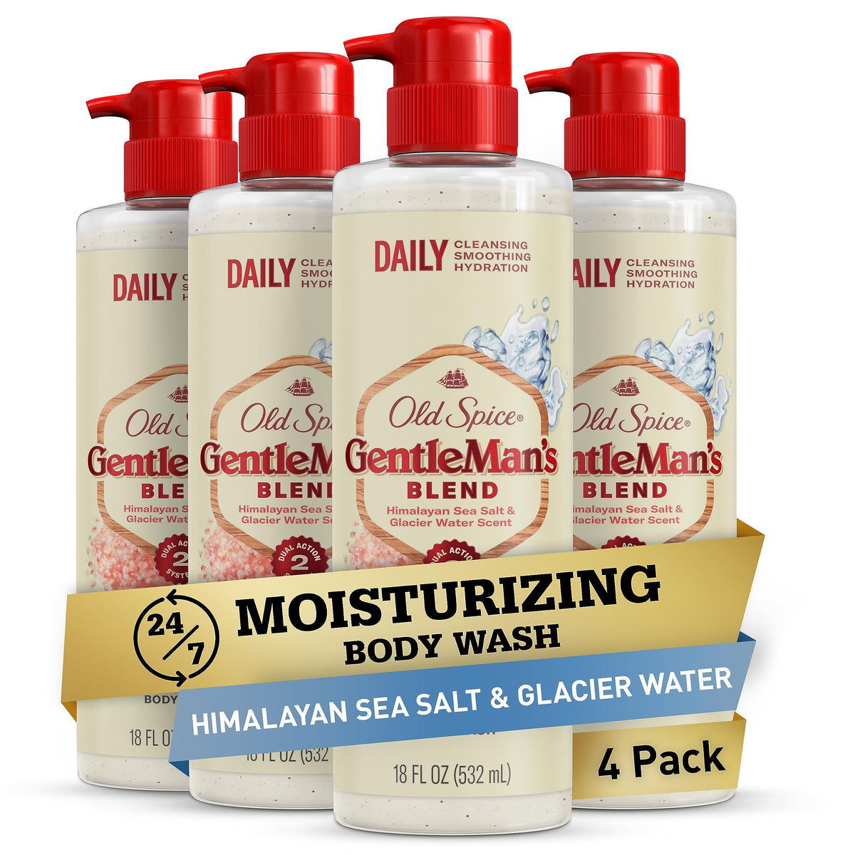 Old Spice Gentleman's Exfoliating Body Wash bottle with 4-pack delivers lasting freshness.