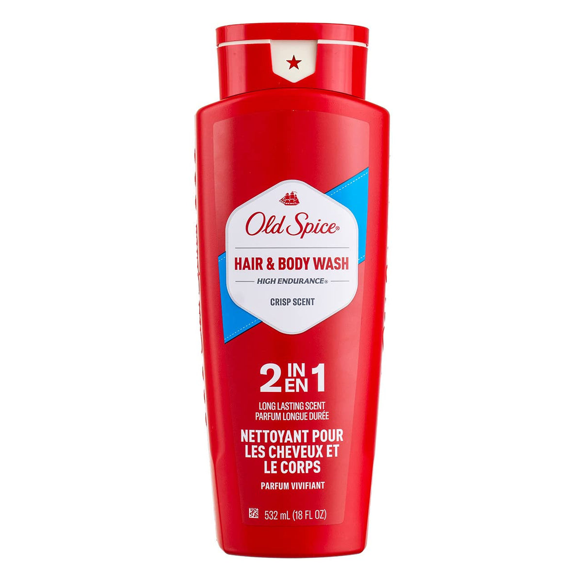 Old Spice High Endurance bottle front shows dual action formula for hair and body