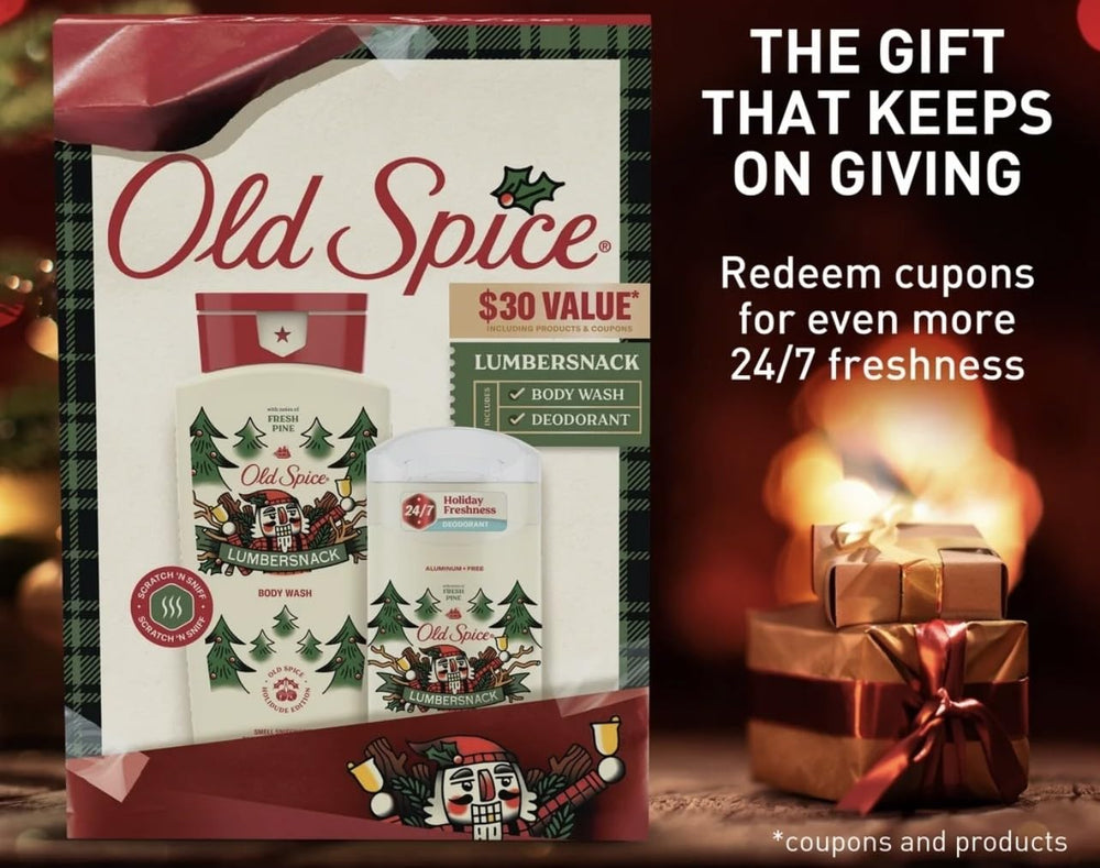 Old Spice Holidudes gift-set packaging shown as a holiday-ready present.