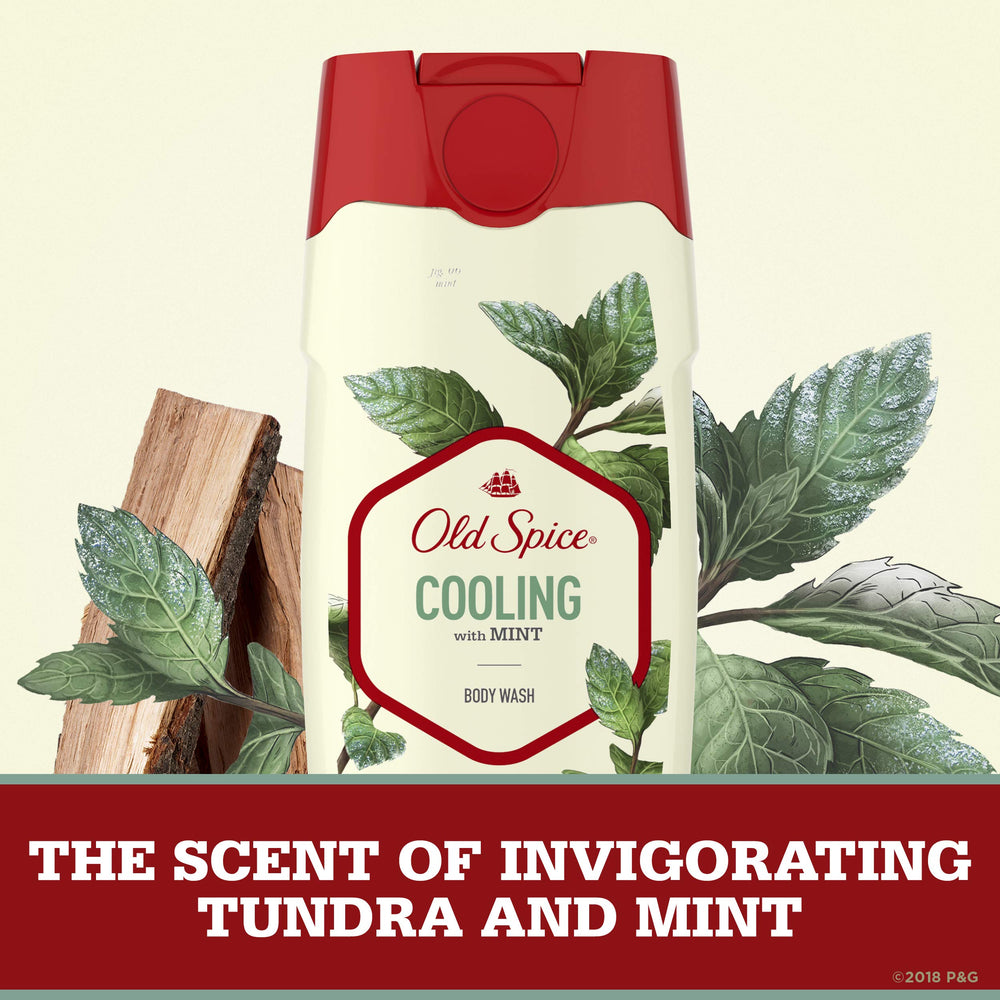 Old Spice Invigorate shower droplets illustrate quick rinse and minty finish.