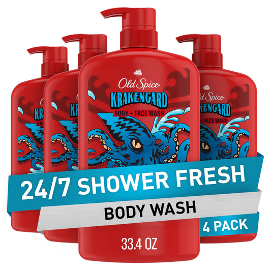 Old Spice Krakengard body wash bottle for daily cleansing with lasting scent.