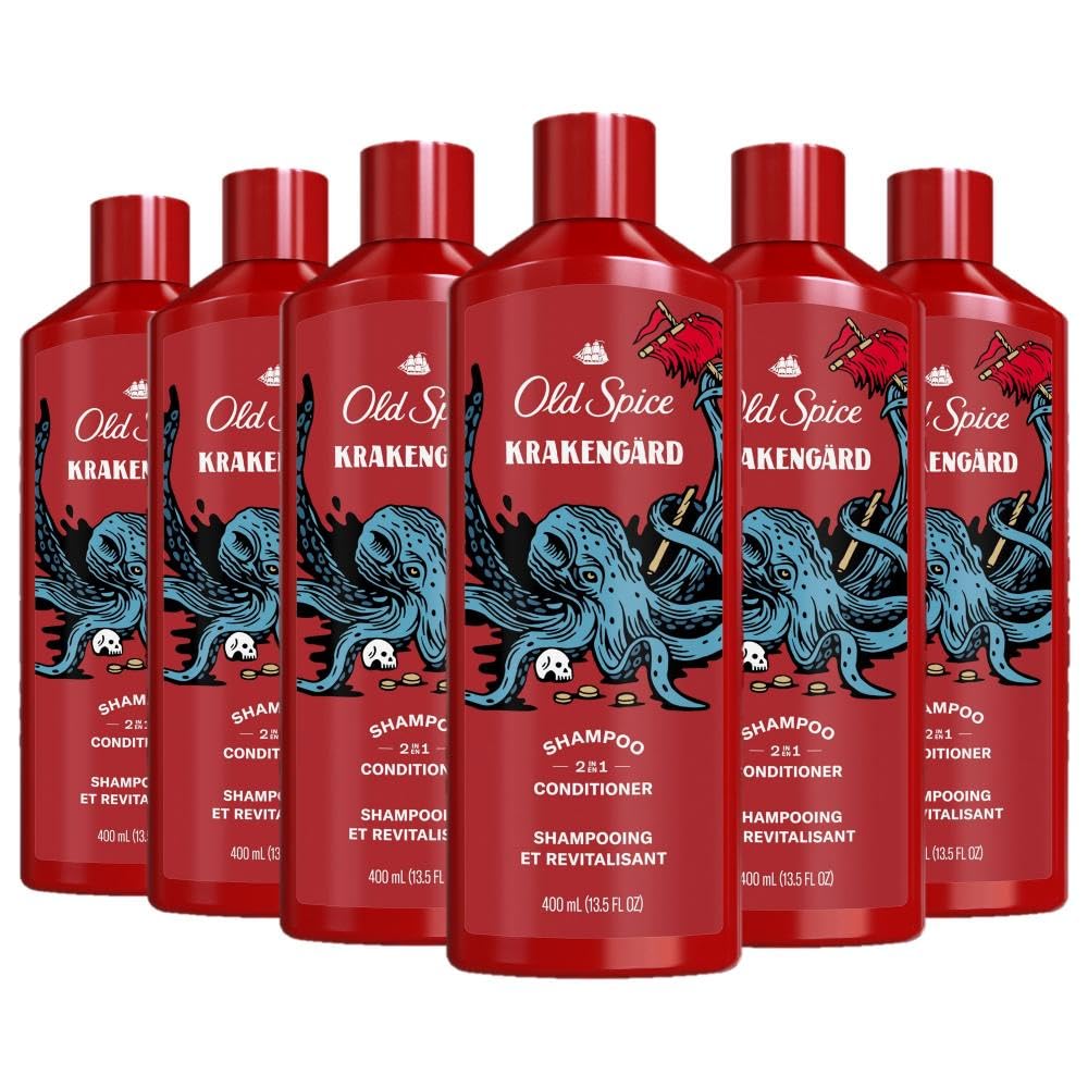 Old Spice Krakengard bottle front showing 2-in-1 formula for fuller, healthier hair.