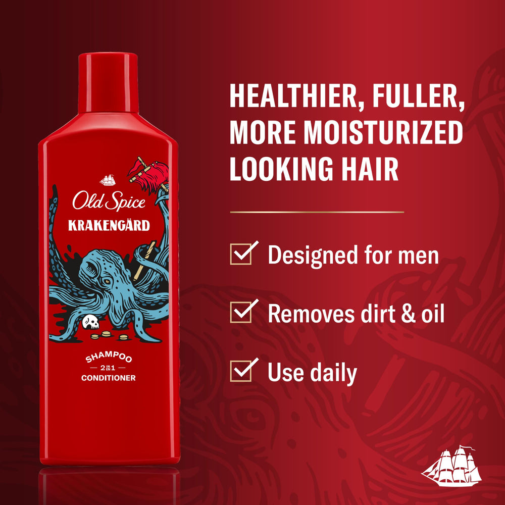 Old Spice Krakengard bottle pour action highlighting cleansing and conditioning in one step.