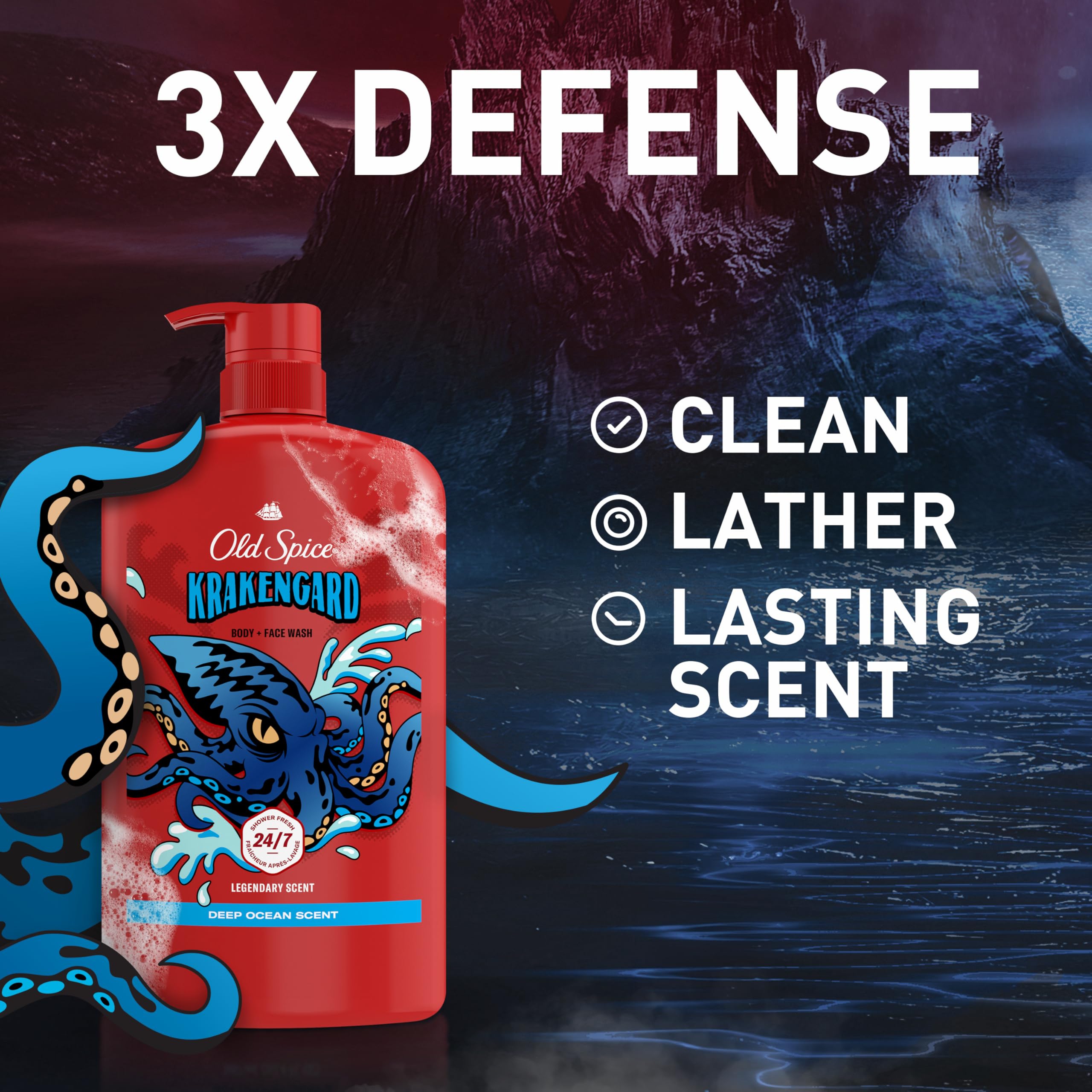 Old Spice Krakengard pour action captures rich foaming lather for an easy wash.
