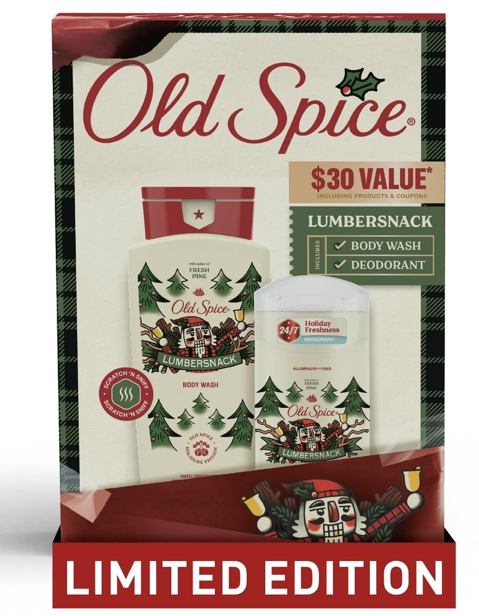 Old Spice LumberSnack deodorant stick in festive package for all-day freshness.