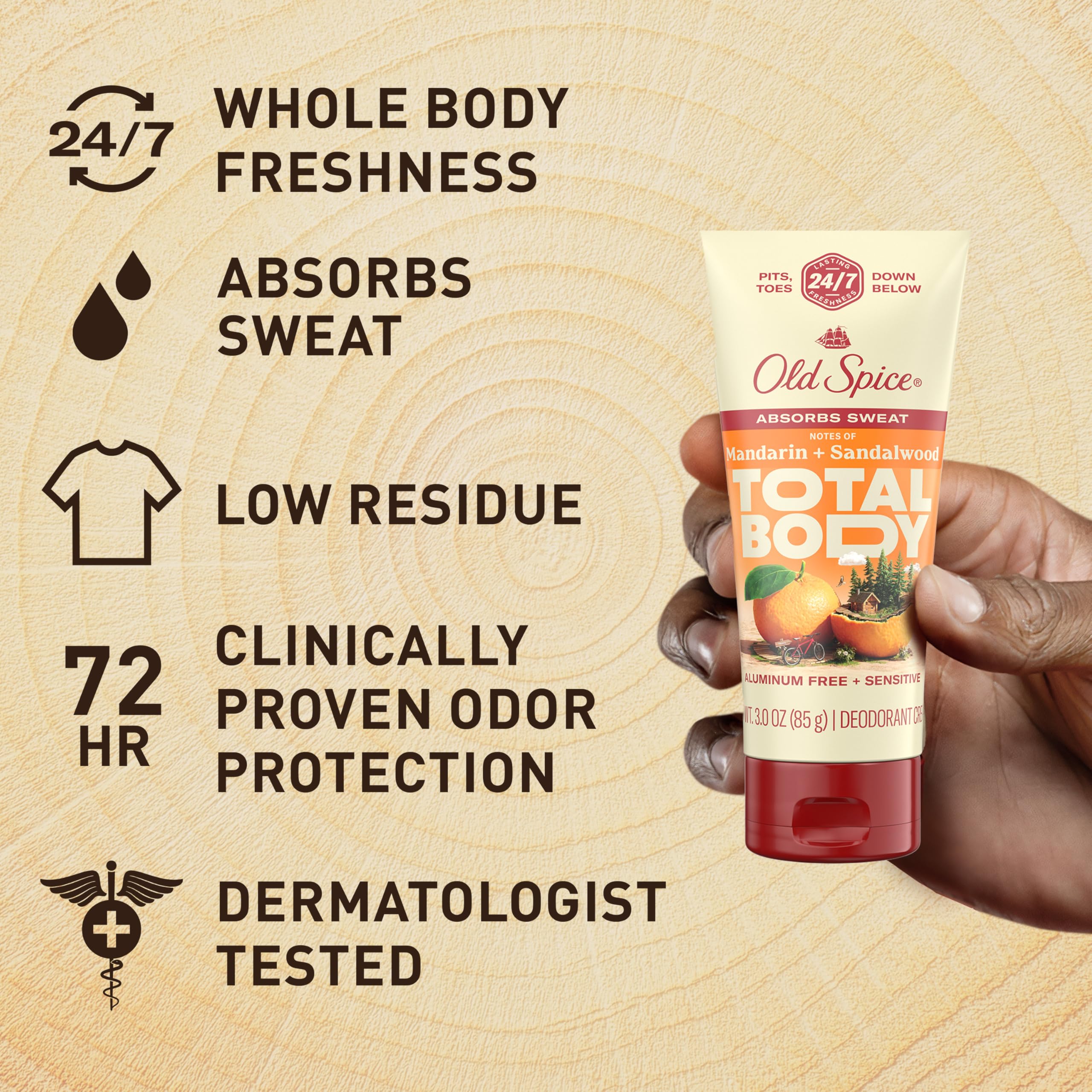 Old Spice Mandarin + Sandalwood scent provides lasting fragrance.