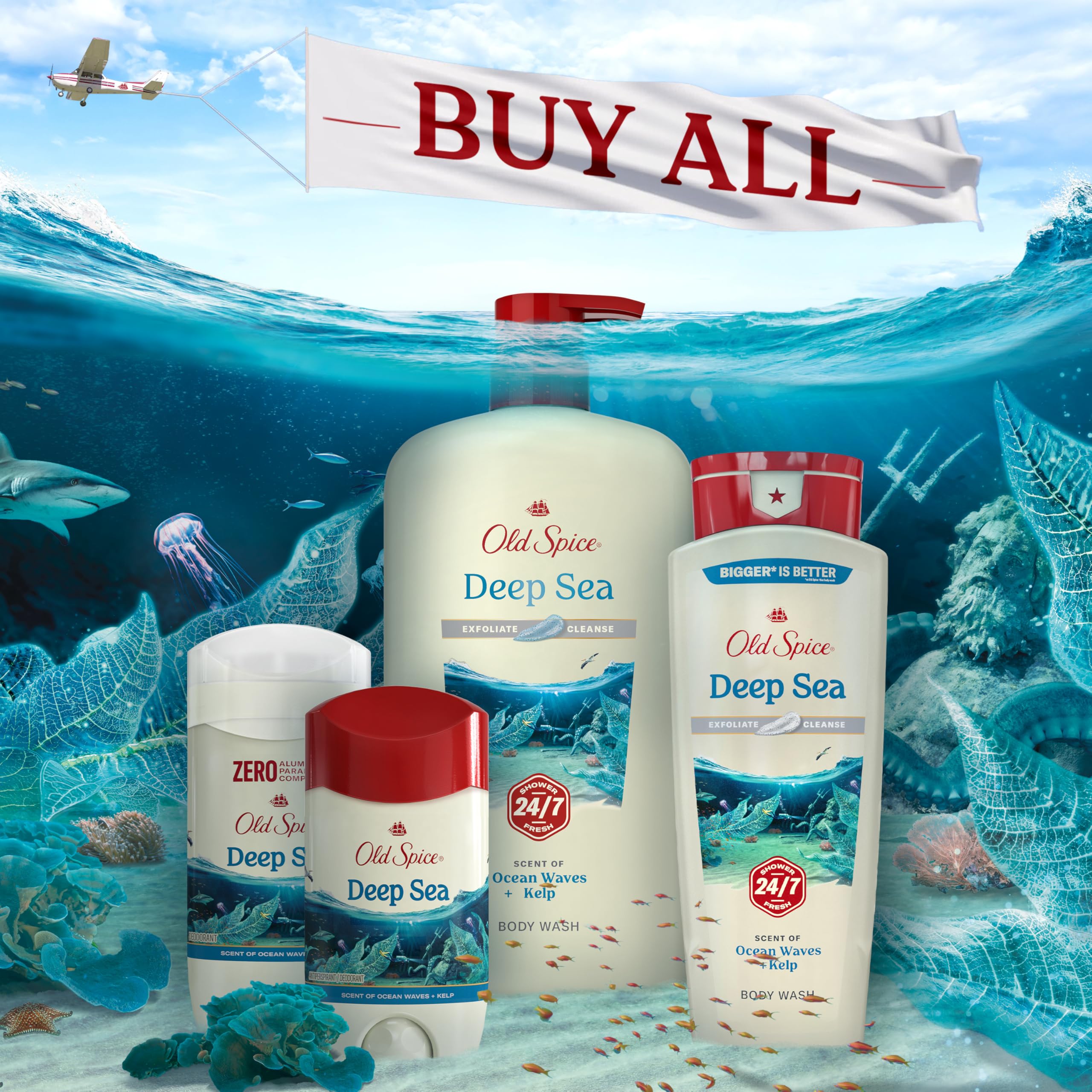 Old Spice Ocean Waves and Kelp scent portrayed on bottle artwork.