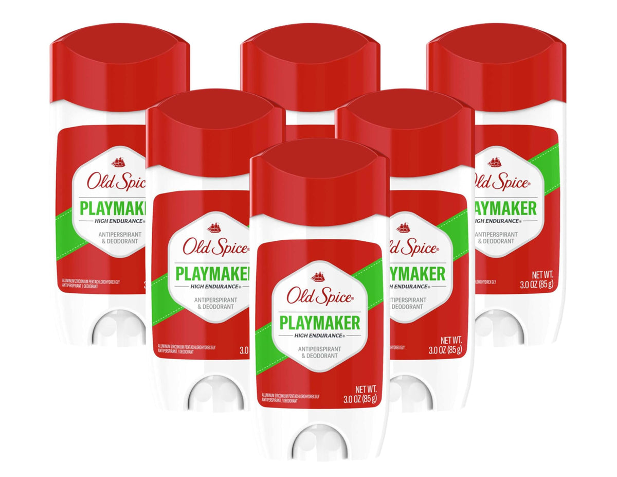 Old Spice Playmaker deodorant front view bottle highlights fresh scent for daily confidence.