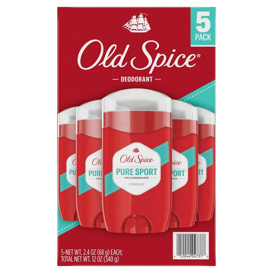 Old Spice Pure Sport deodorant stick close-up shows glide formula for smooth application and all-day protection.