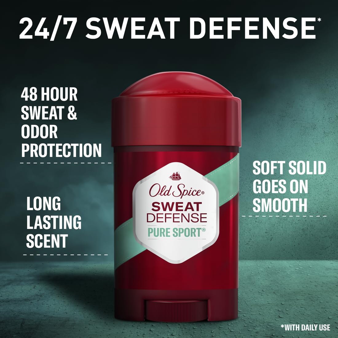 Old Spice Pure Sport soft solid easy-grip packaging for on-the-go use.