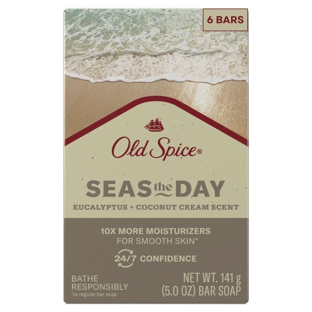 Old Spice Seas the Day bar soap front view shows refreshing eucalyptus and coconut cream scent.