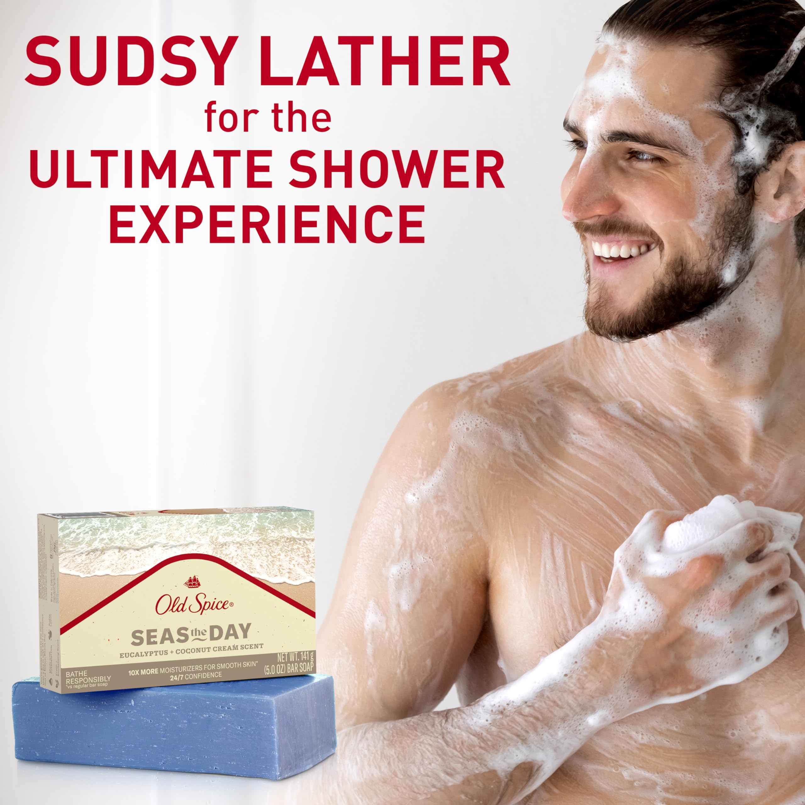 Old Spice Seas the Day label closeup shows clean, gentle cleansing ingredients.