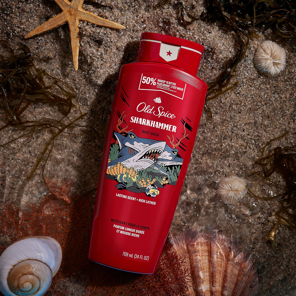 Old Spice Sharkhammer rich-lather demonstrates quick, thorough cleanse.