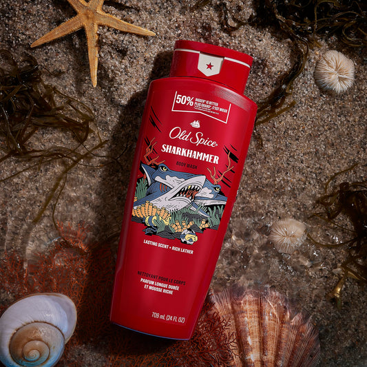 Old Spice Sharkhammer rich-lather demonstrates quick, thorough cleanse.