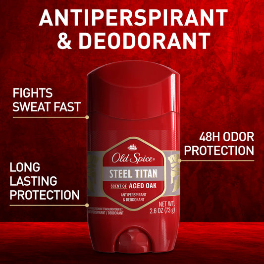 Old Spice Steel Titan Aged Oak pack back label highlights key benefits.