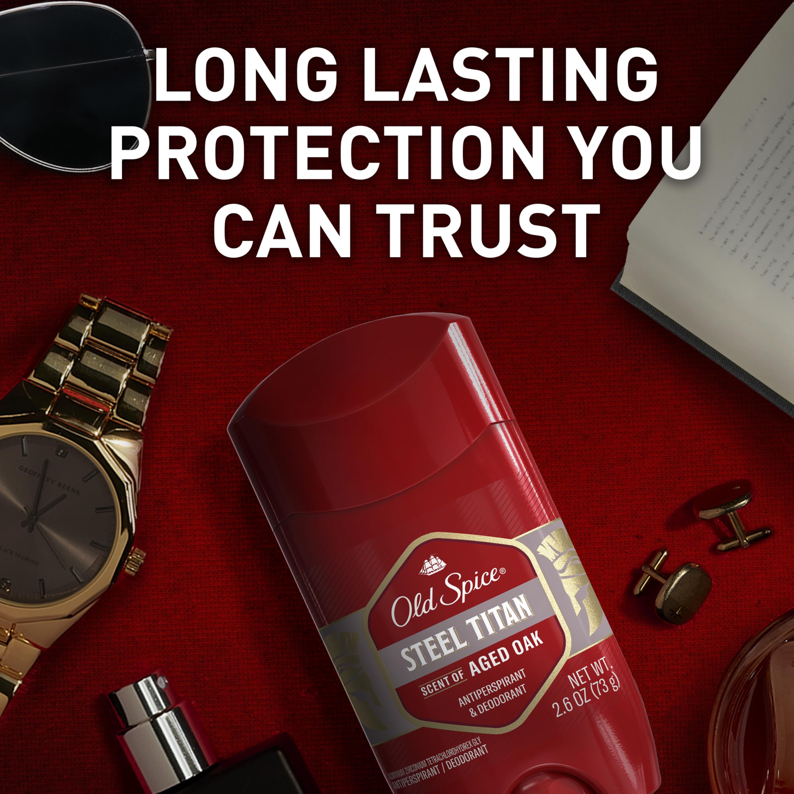 Old Spice Steel Titan aged oak scent swatch conveys masculine lasting fragrance.